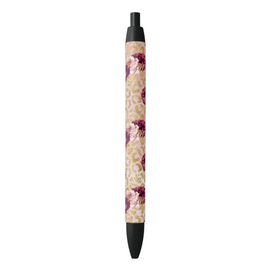 Stylo Noir Florales de roses roses Empreintes de léopard d'or (devant Vertical)