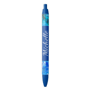 Stylo Noir Flore Bleu Blanc Fleurs Modernes Personnaliser