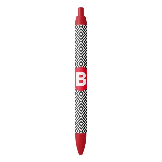 Stylo Noir Geometric Black and White Pattern Red Monogram (devant Vertical)