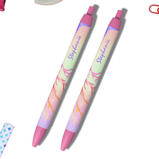 Stylo Noir Girl Rainbow Sparkles Nom du monogramme