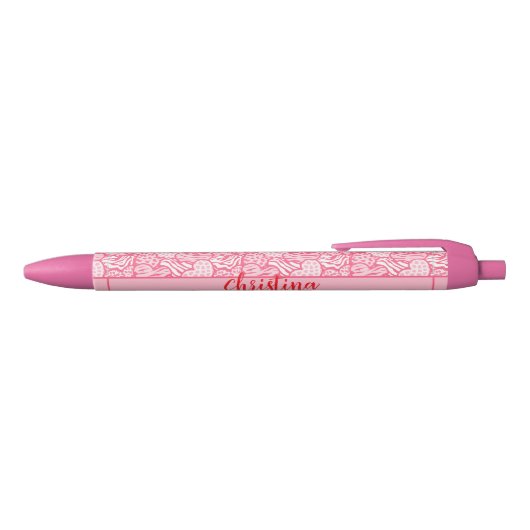 Stylo Noir Girly Blush Rose mignon Animal Imprimer Coeurs Nom (Haut)