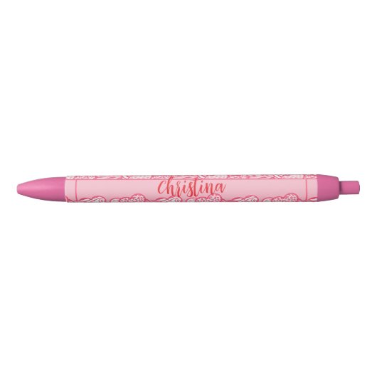 Stylo Noir Girly Blush Rose mignon Animal Imprimer Coeurs Nom (Devant)