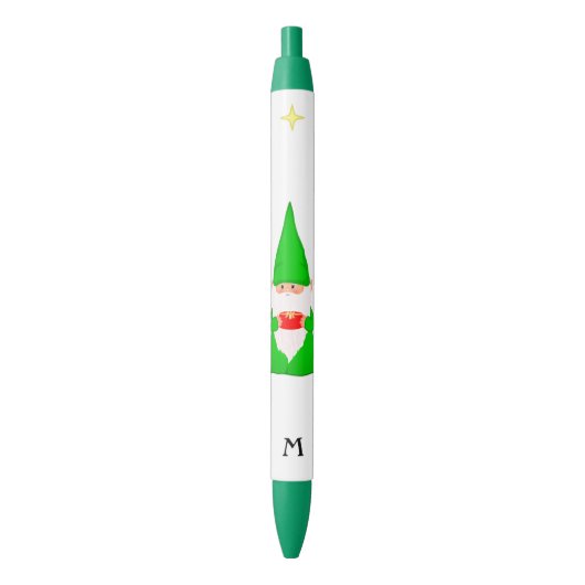 Stylo Noir Gnome mignonne tenant un cadeau et un monogramme (devant Vertical)