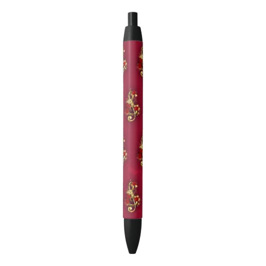 Stylo Noir Golden Treble Clef avec fleurs Roses (devant Vertical)