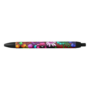 Stylo Noir Graffiti Style Fleurs & Ladybug rose violet rouge