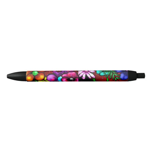 Stylo Noir Graffiti Style Fleurs & Ladybug rose violet rouge (Devant)
