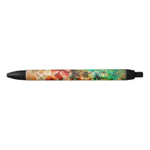 Stylo Noir Hibiscus Vintage de la jungle tropicale des perroq