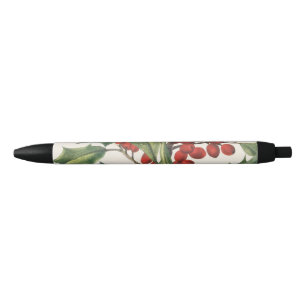 Stylo Noir Houx de Noël Classique avec Baies Rouges Art