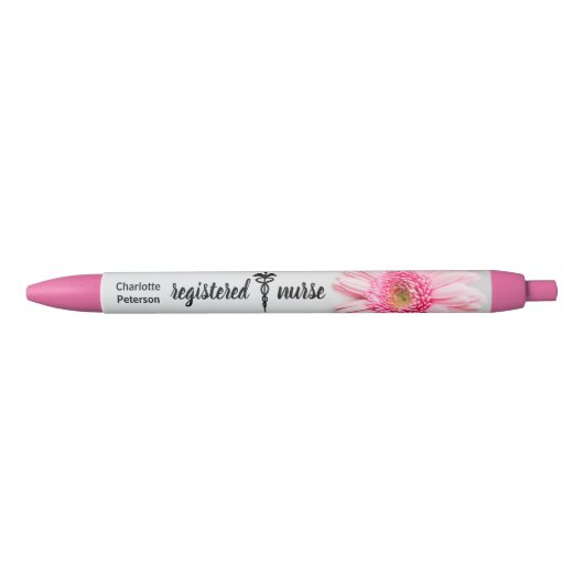 Stylo Noir Infirmière inscrite Caduceus Rose Daisy Floral  (Devant)