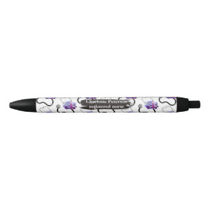 Stylo Noir Infirmière inscrite Stethoscope et Floral bleu  