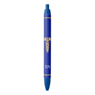 Stylo Noir Infirmière Monogramme & Caducée Doré sur Fond Bleu