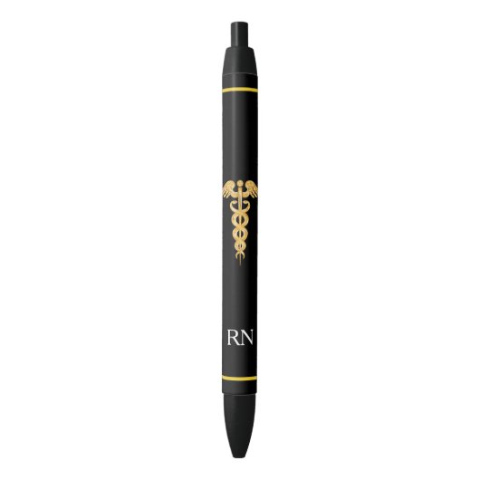 Stylo Noir Infirmière Monogramme & Golden Caduceus sur Noir (devant Vertical)