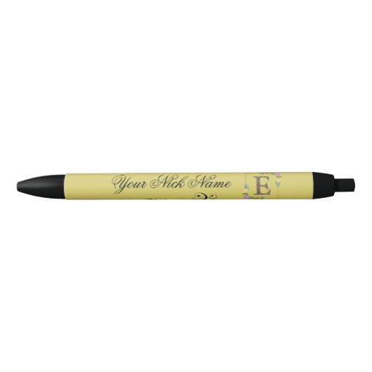 Stylo Noir Initiale Florale Élégante E (Devant)