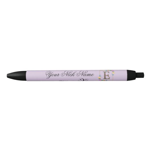 Stylo Noir Initiale florale élégante E (Devant)