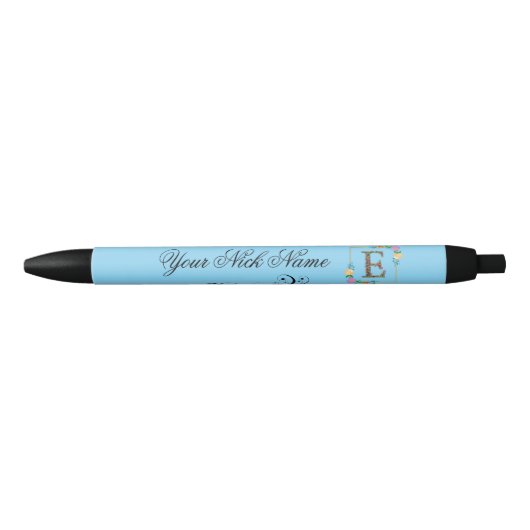 Stylo Noir Initiale florale élégante E (Devant)