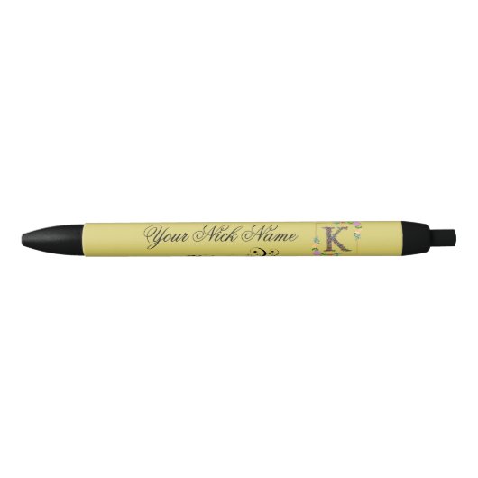 Stylo Noir Initiale Florale Élégante K (Devant)