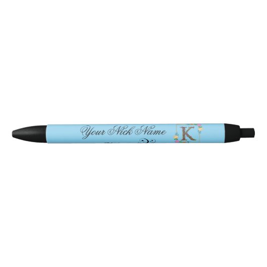 Stylo Noir Initiale Florale Élégante K (Devant)