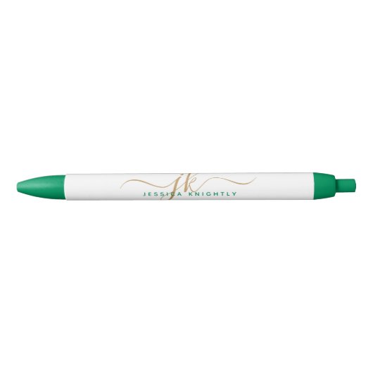 Stylo Noir Initiales de monogramme élégantes en or vert avec (Devant)