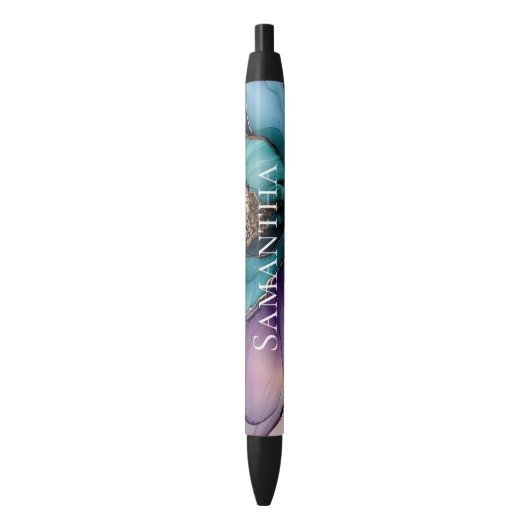 Stylo Noir Joli Aqua bleu violet or Floral (devant Vertical)