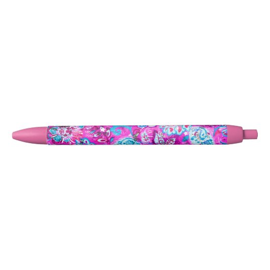 Stylo Noir Joli bleu rose fleurs motif (Devant)