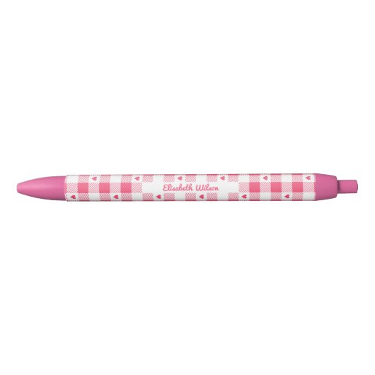 Stylo Noir Joli damier rose et blanc à pois avec des cœurs (Devant)