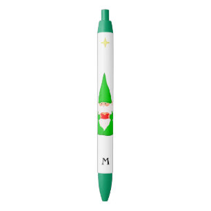 Stylo Noir Joli gnome tenant un cadeau et monogramme