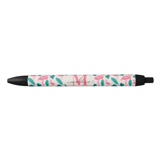 Stylo Noir Joli Monogramme Feuille tropical Flamant rose rose (Devant)