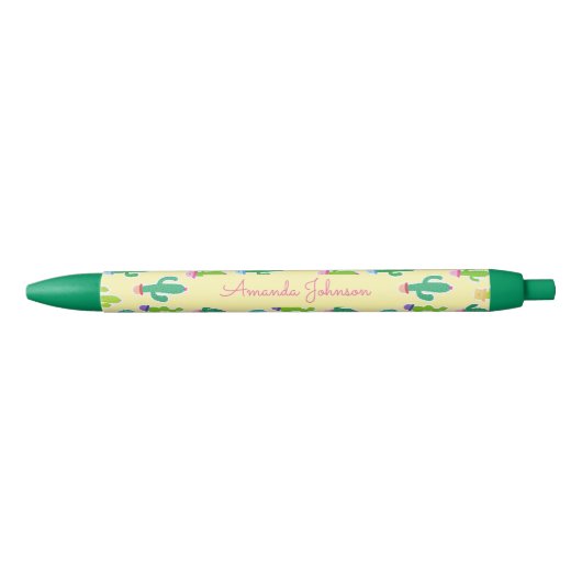 Stylo Noir Joli nom de script monogramme de cactus pastel (Devant)