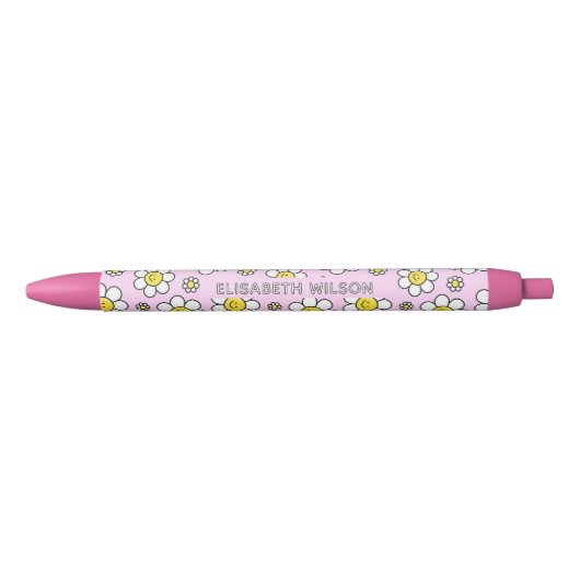 Stylo Noir Joli Smiley Chamomile Fleur Nom du script Monogram (Devant)