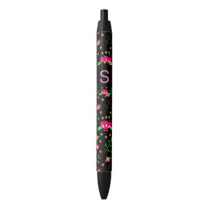 Stylo Noir Jolie florale rose sur monogramme noir