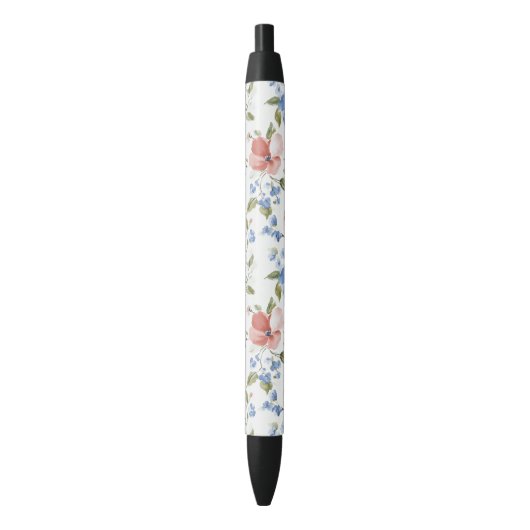 Stylo Noir Jolies Fleurs Bleues Rouges (devant Vertical)