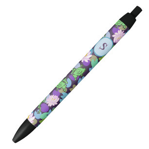 Stylo Noir Jolis grenouilles bleues et vertes monogramme init
