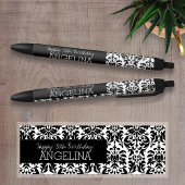 Stylo Noir Joyeux anniversaire avec un damas noir et blanc te