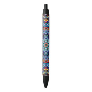 Stylo Noir Kaléidoscope bleu vintage de fractale de merveill