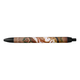 Stylo Noir L'Élégante Tête De Cheval Adorée De Fleurs.
