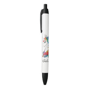 Stylo Noir Licorne mignonne d'arc-en-ciel d'aquarelle