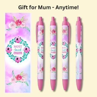 Stylo Noir Maman La Plus Aimée, Fleurs Roses,
