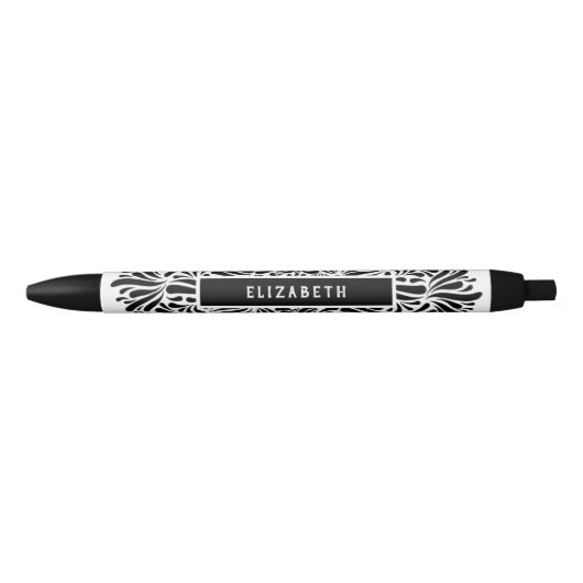 Stylo Noir Mandala noir & blanc Nom personnalisé Moderne (Devant)