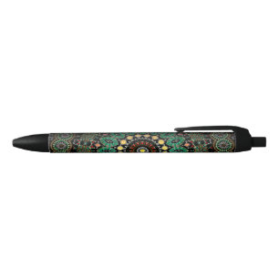 Stylo Noir Mandala Ornat Floral Vert