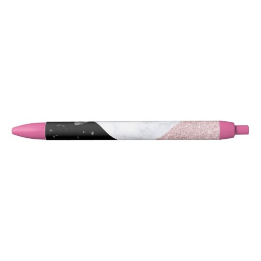 Stylo Noir Marbre noir blanc de parties scintillantes roses (Devant)