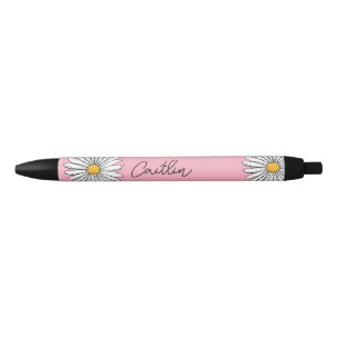 Stylo Noir Marguerite lunaire jaune et blanc avec texte perso