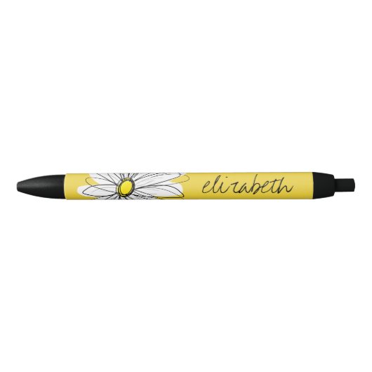 Stylo Noir Marguerite lunaire jaune et blanc avec texte perso (Devant)
