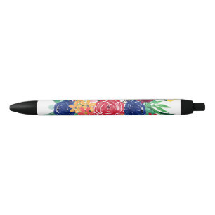 Stylo Noir Marine bleu et rouge aquarelle boho chic Fleurs