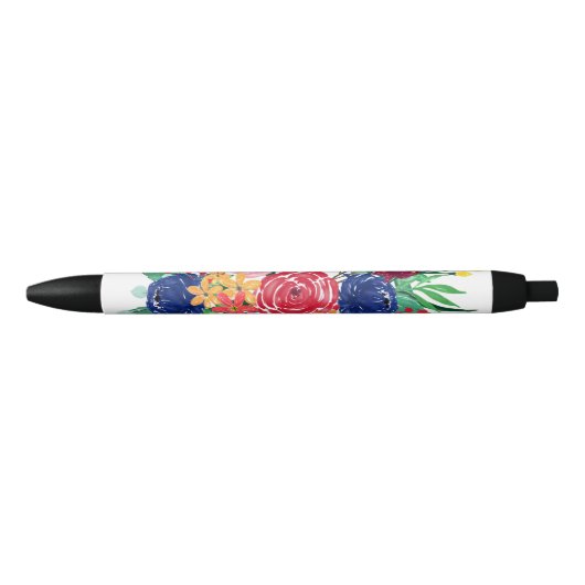 Stylo Noir Marine bleu et rouge aquarelle boho chic Fleurs (Devant)