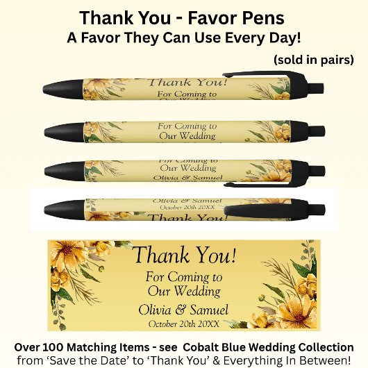 Stylo Noir Merci aux fleurs jaunes dorées