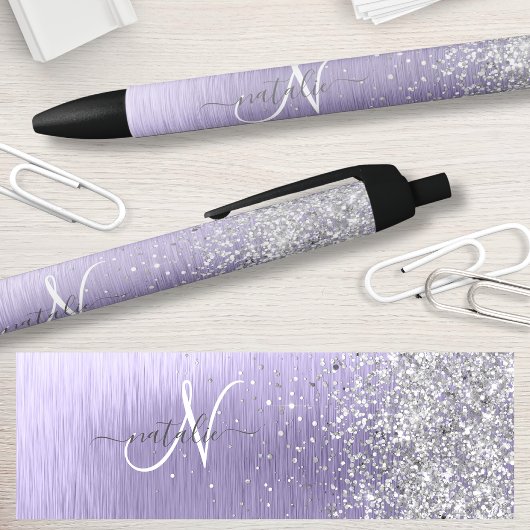 Stylo Noir Métal brossé violet Parties scintillant d'argent N