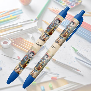 Stylo Noir Mignonne souris fille sur le chemin de l'école, pe