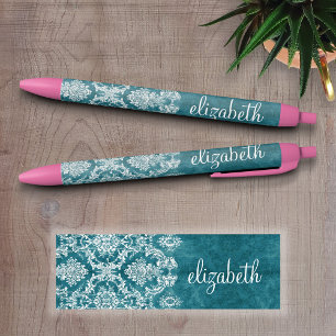 Stylo Noir Modèle de Damas gris turquoise Texte personnalisé