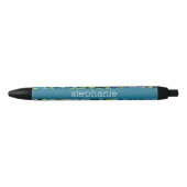 Stylo Noir Modèle floral turquoise et rose avec nom de bébé p (Devant)