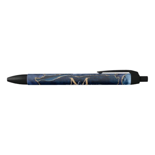 Stylo Noir Moderne Marine Blue Gold Agate Géode Chic Monogram (Haut)